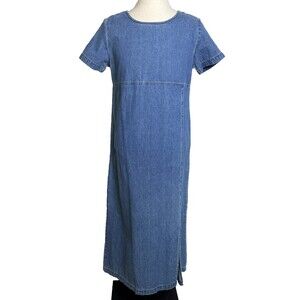 Original TY Wear Vintage Long Maxi Denim Dress, Sz M Side Leg Slit Short Sleeves